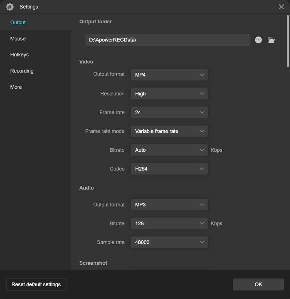 Apowersoft Screen Recorder Output settings