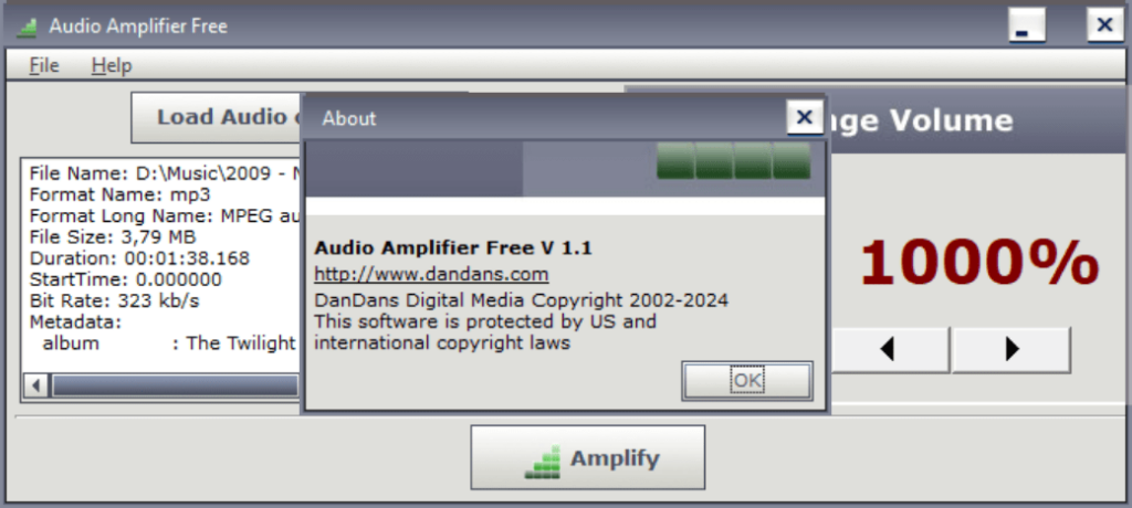 Audio Amplifier About screen