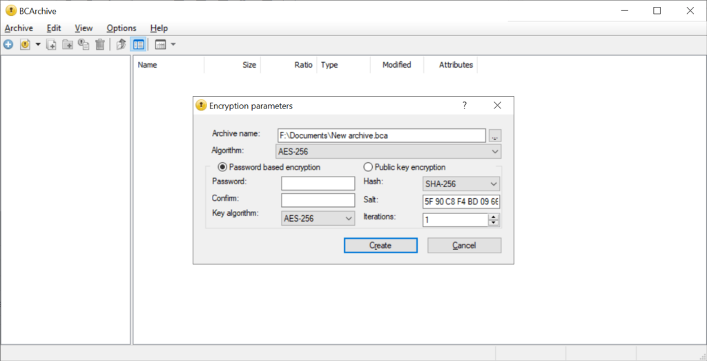BCArchive Advanced encryption parameters