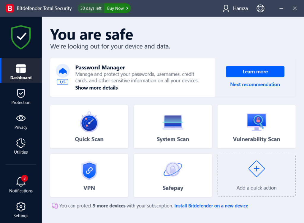 Bitdefender Main dashboard