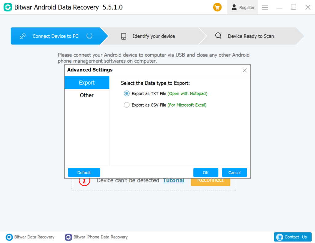 Bitwar Data Recovery Export settings