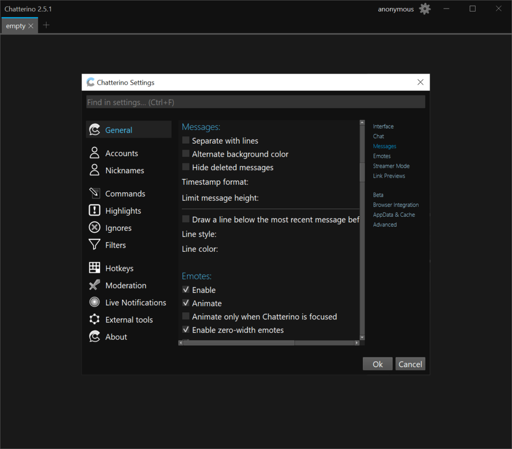 Chatterino Interface settings