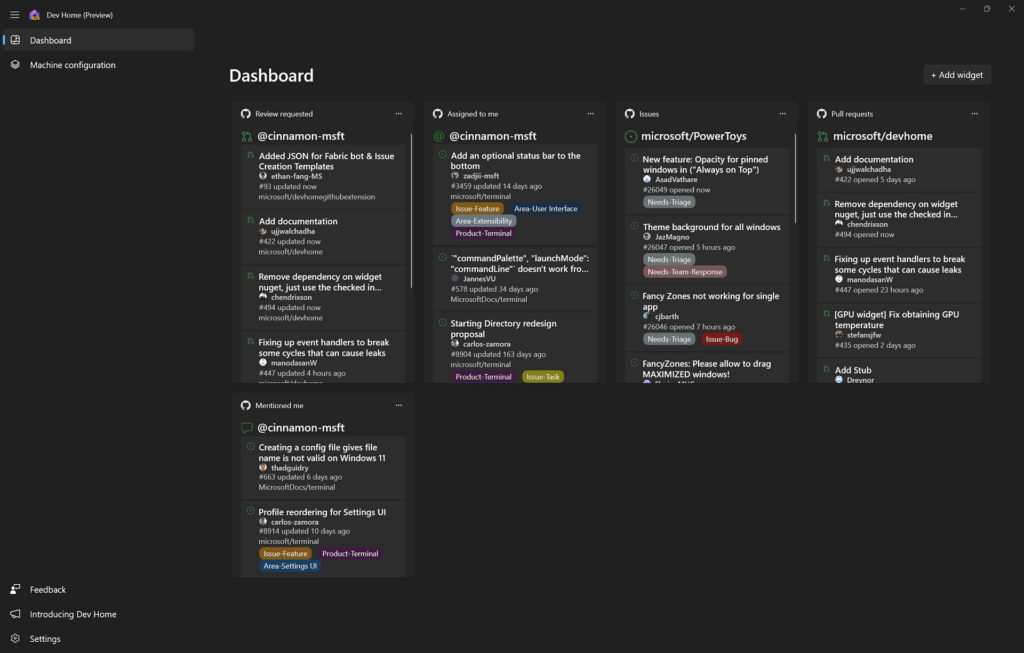 Dev Home GitHub Extension Main dashboard