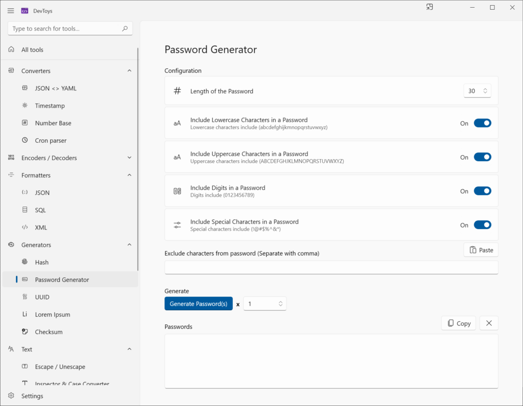 DevToys Password generator