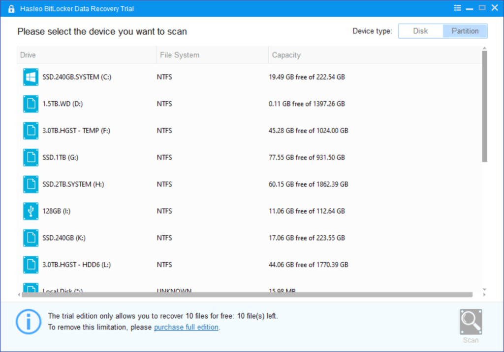 Hasleo BitLocker Detected drives