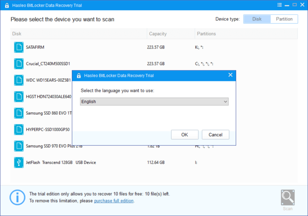 Hasleo BitLocker Interface language selection