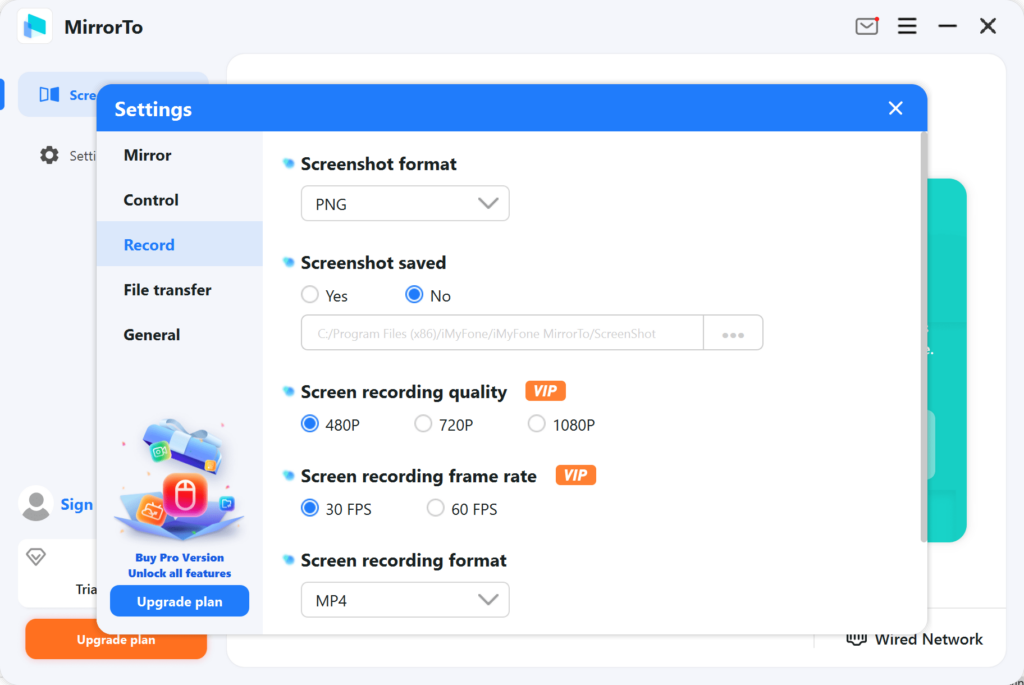 iMyFone MirrorTo Recording parameters