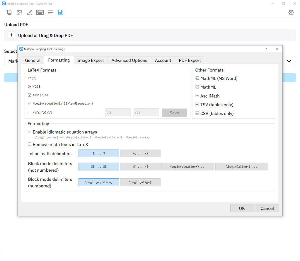 Mathpix Snipping Tool Formatting preferences