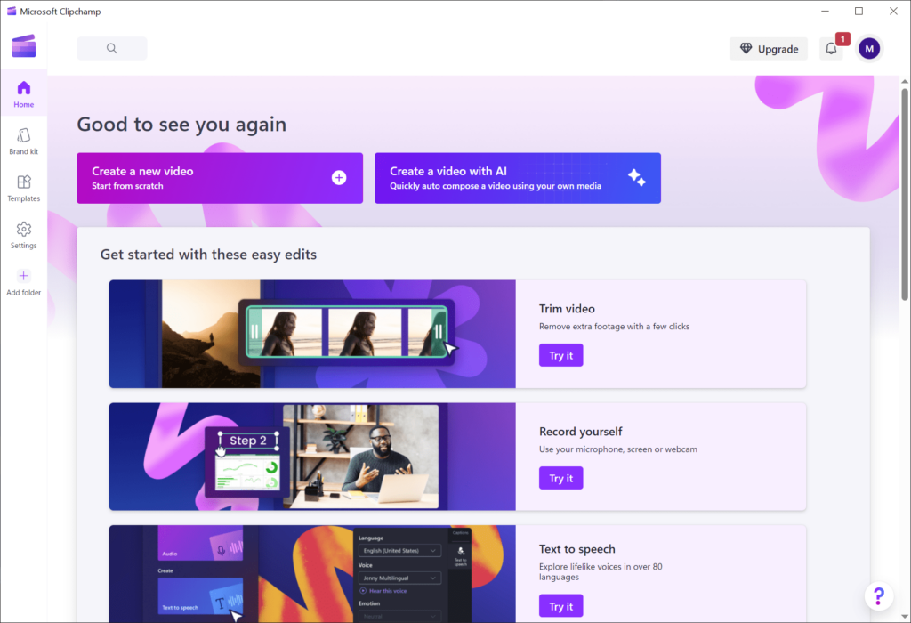 Microsoft Clipchamp Welcome screen