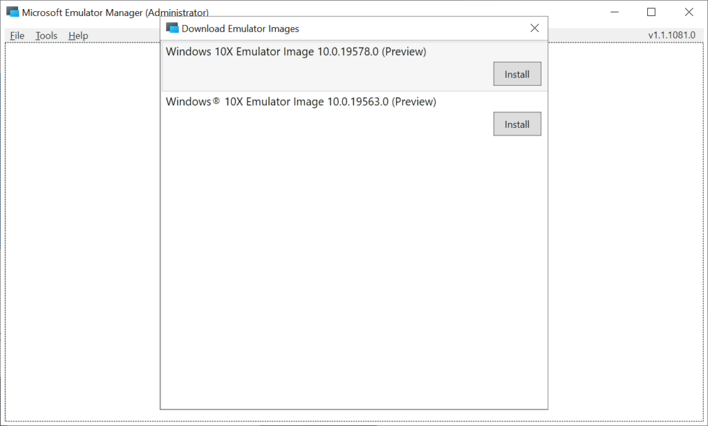 Microsoft Emulator Available disk images