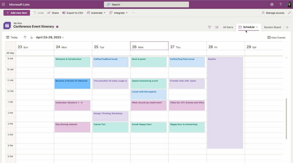 Microsoft Lists Calendar view