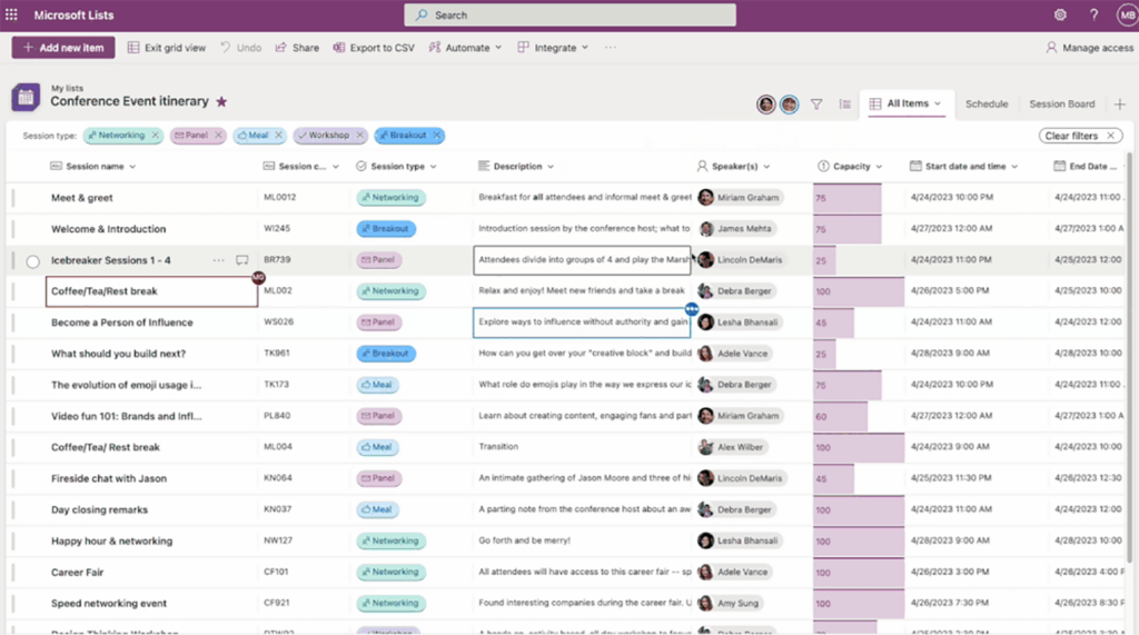 Microsoft Lists Event itinerary