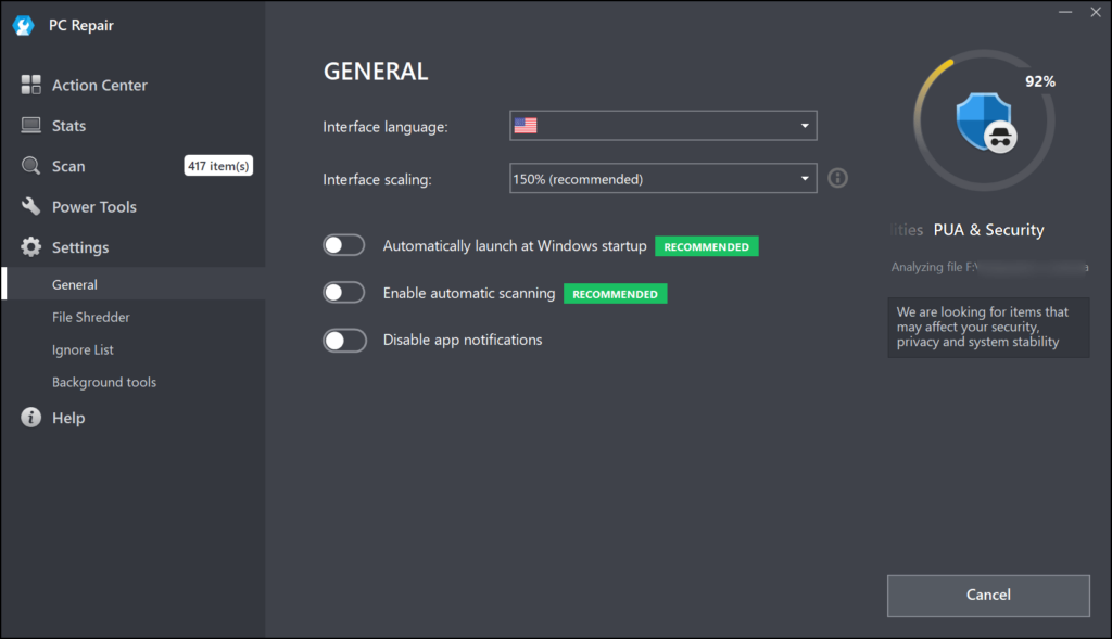 Outbyte PC Repair General parameters