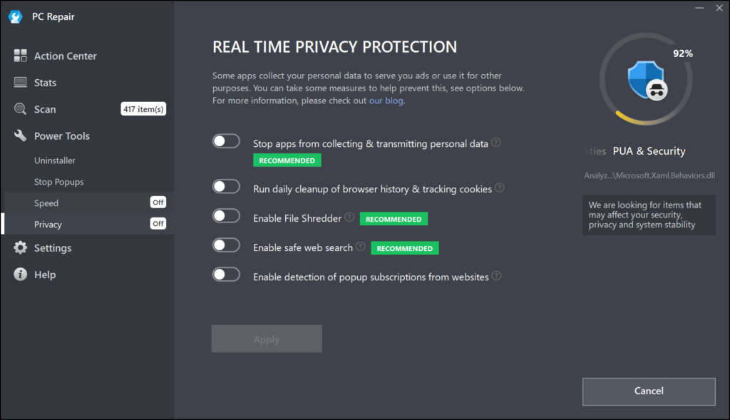 Outbyte PC Repair Privacy protection