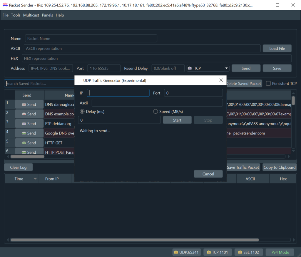 Packet Sender UDP traffic generator