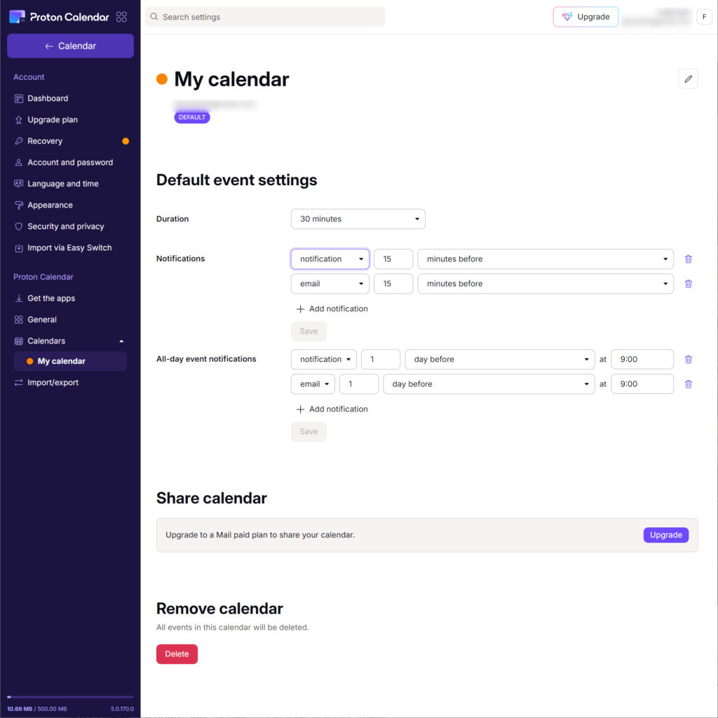 Proton Calendar Settings menu