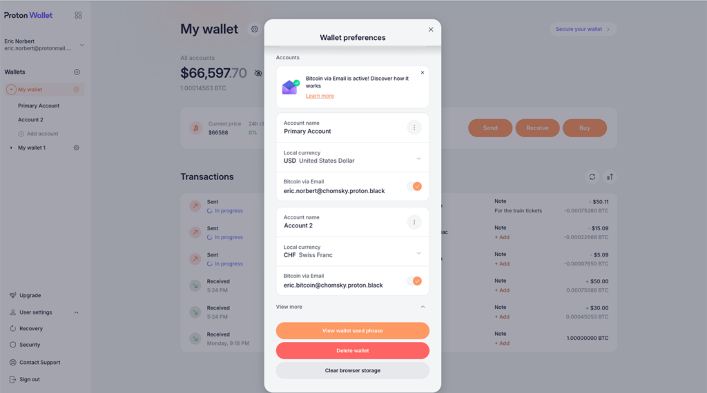 Proton Wallet General preferences