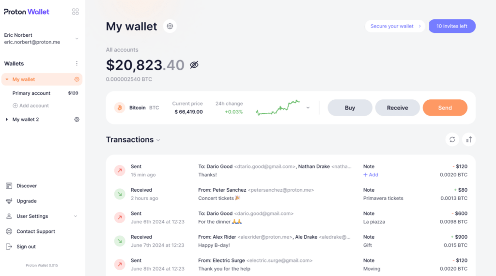 Proton Wallet Recent transactions