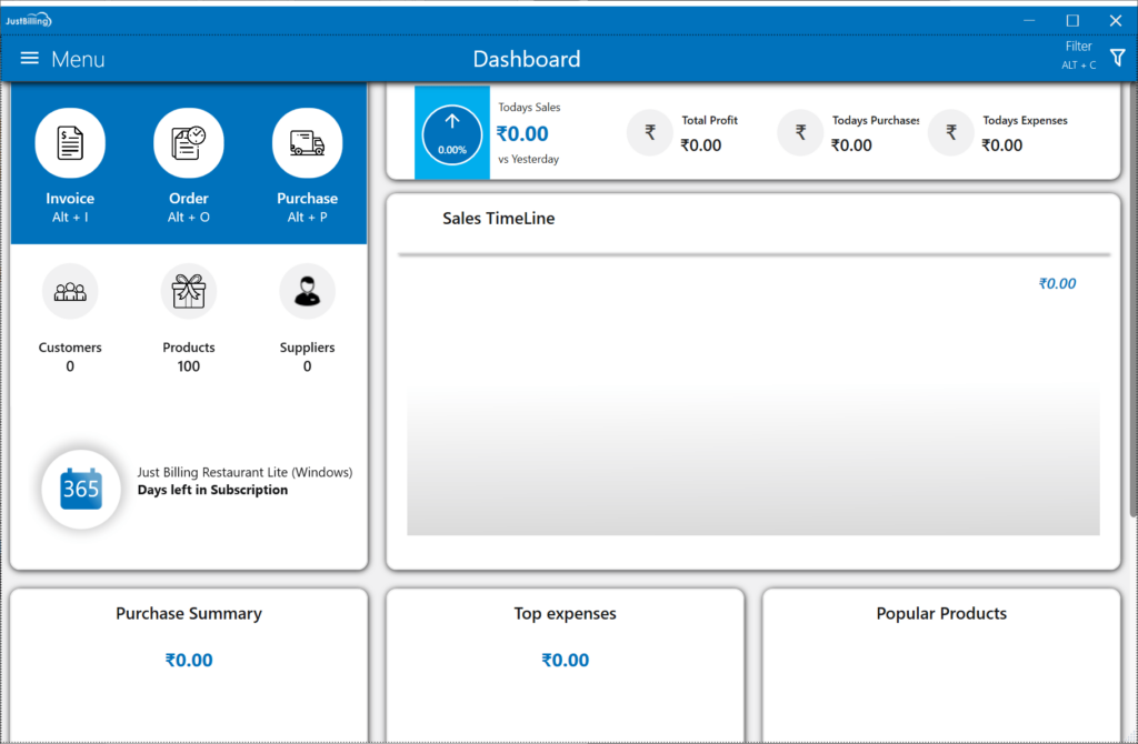 Restaurant Management Software Main dashboard