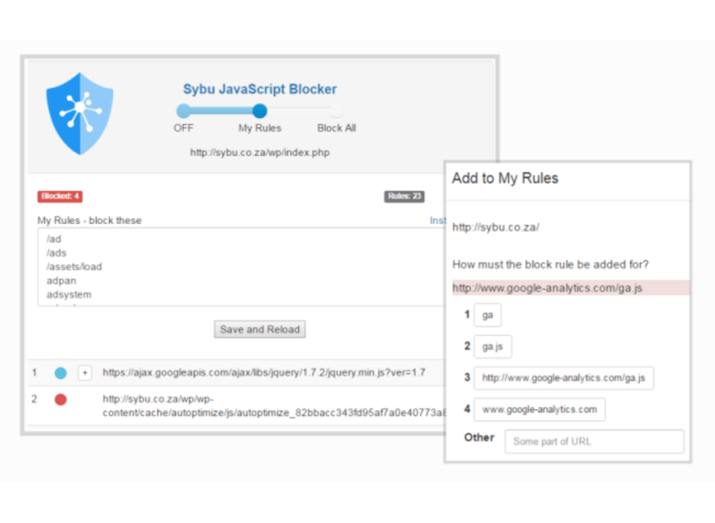 Sybu JavaScript Blocker Filtering rules