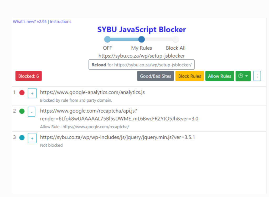 Sybu JavaScript Blocker Plugin configuration