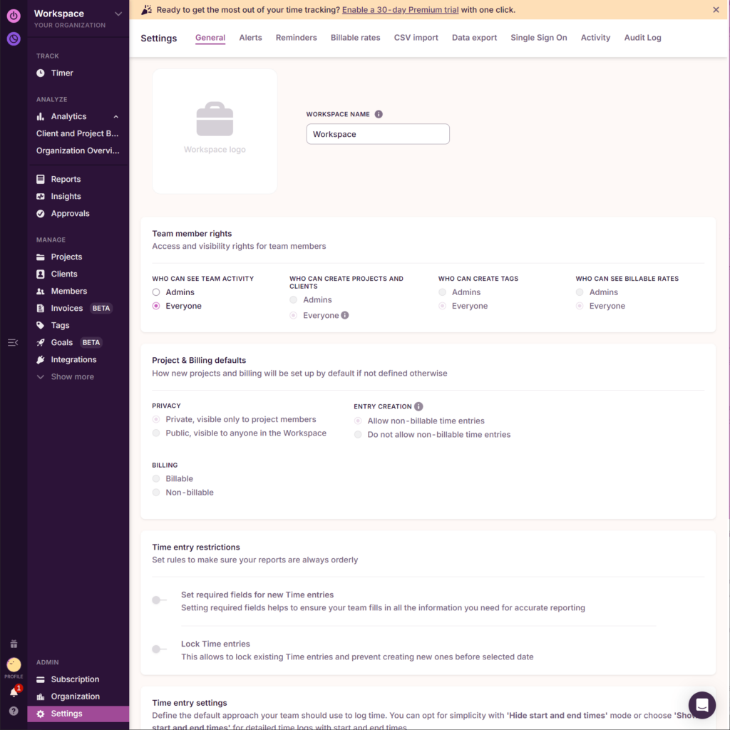 Toggl Track Workspace settings