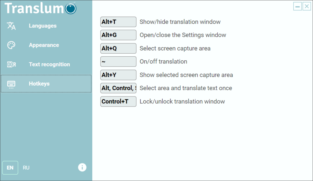 Translumo Keyboard shortcuts