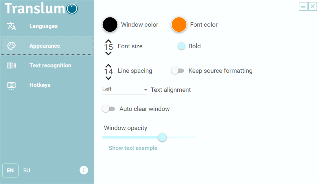 Translumo Visual settings