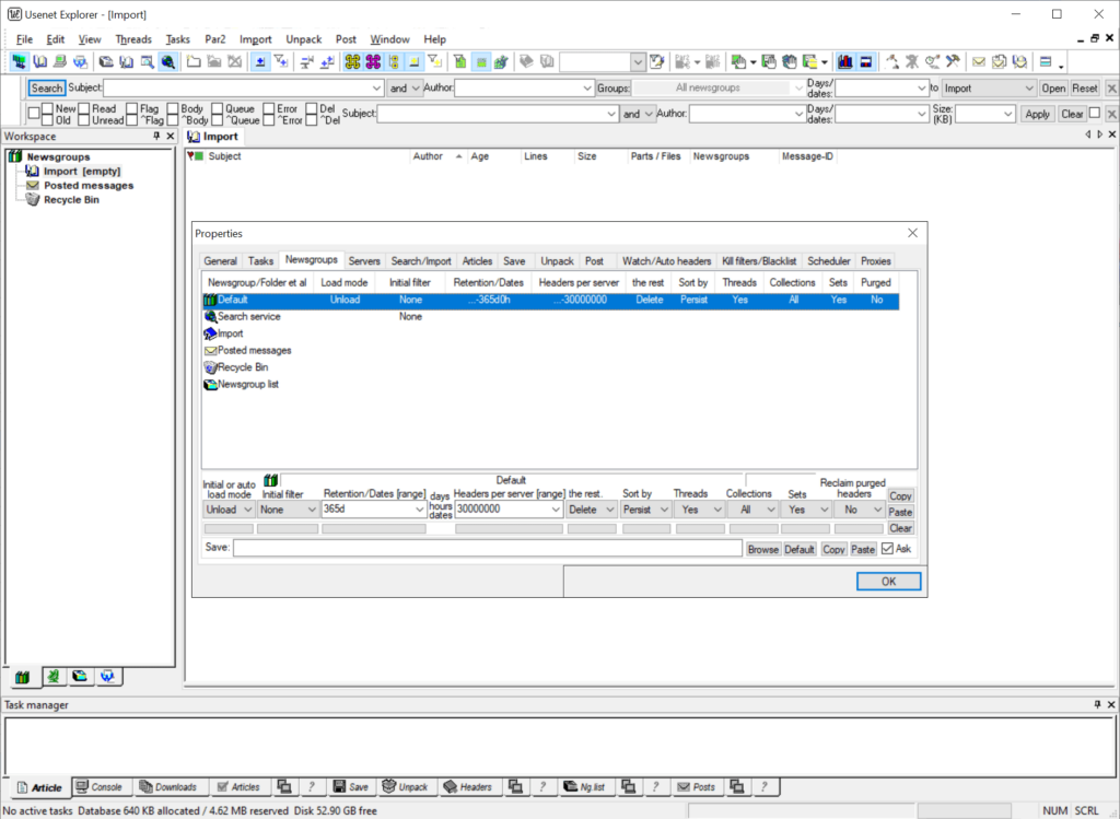 Usenet Explorer Newsgroup parameters