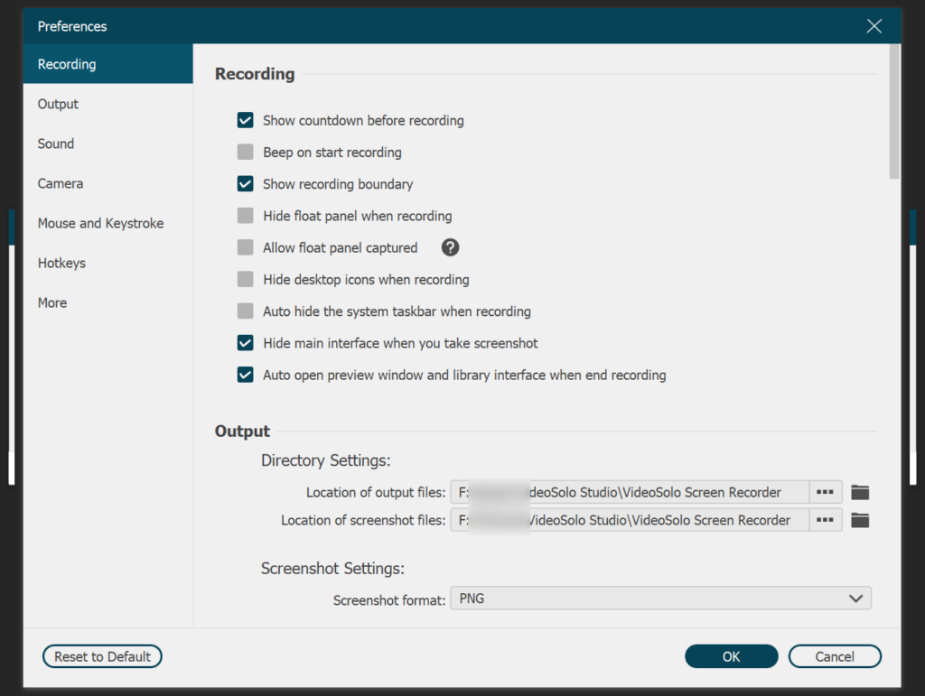 VideoSolo Screen Recorder General preferences