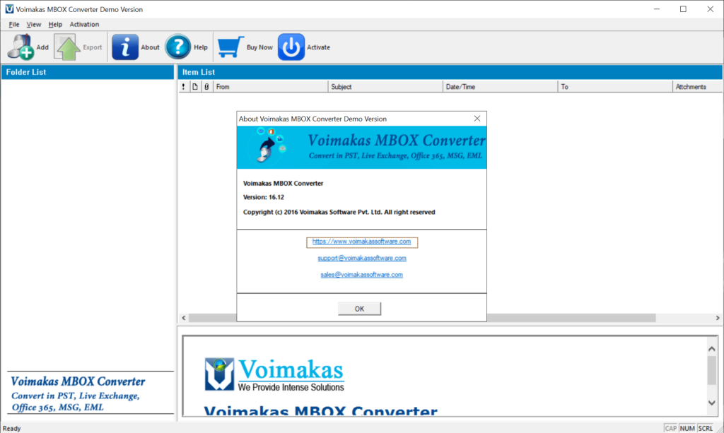 Voimakas MBOX Converter About screen