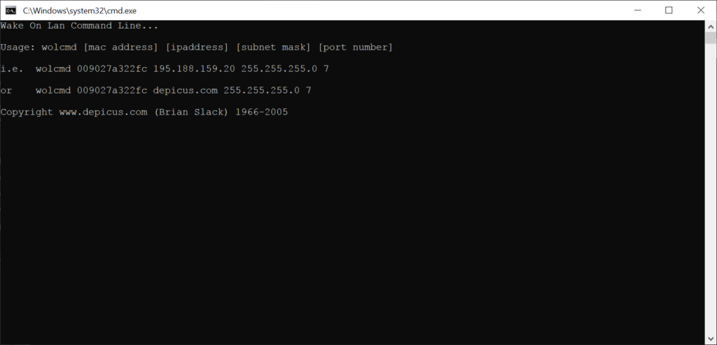 Wake On Lan Command Line Syntax description