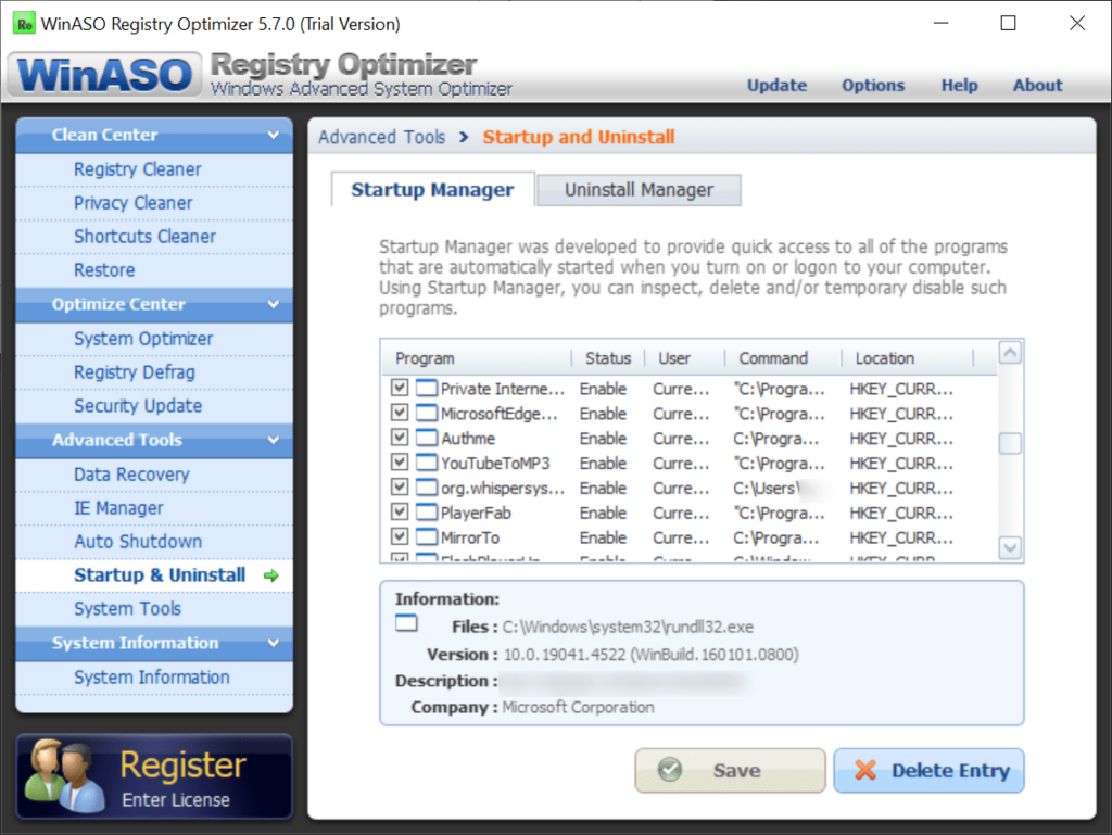 WinASO Registry Optimizer Startup manager