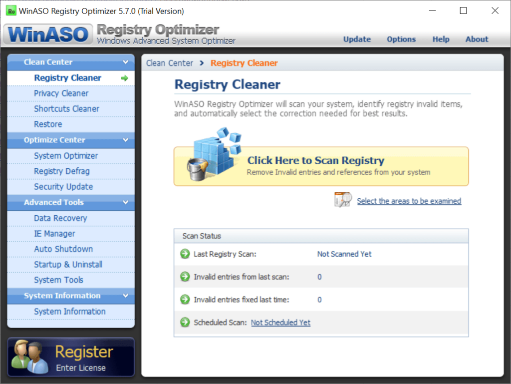 WinASO Registry Optimizer System scan