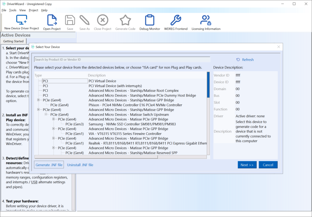 WinDriver Device selection