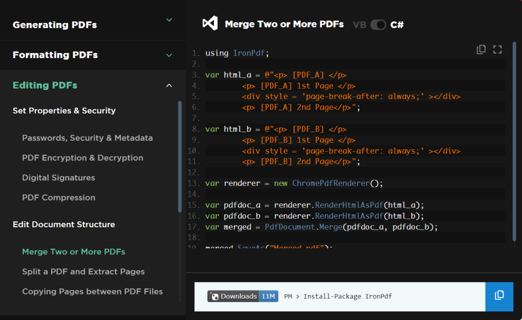 IronPDF Document merging