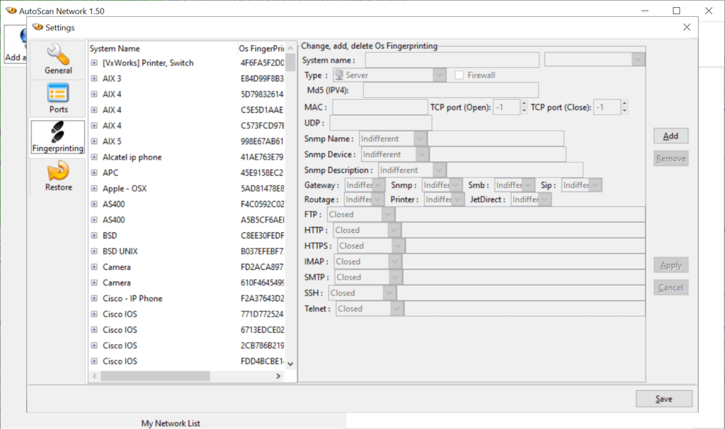 AutoScan Network Fingerprinting parameters