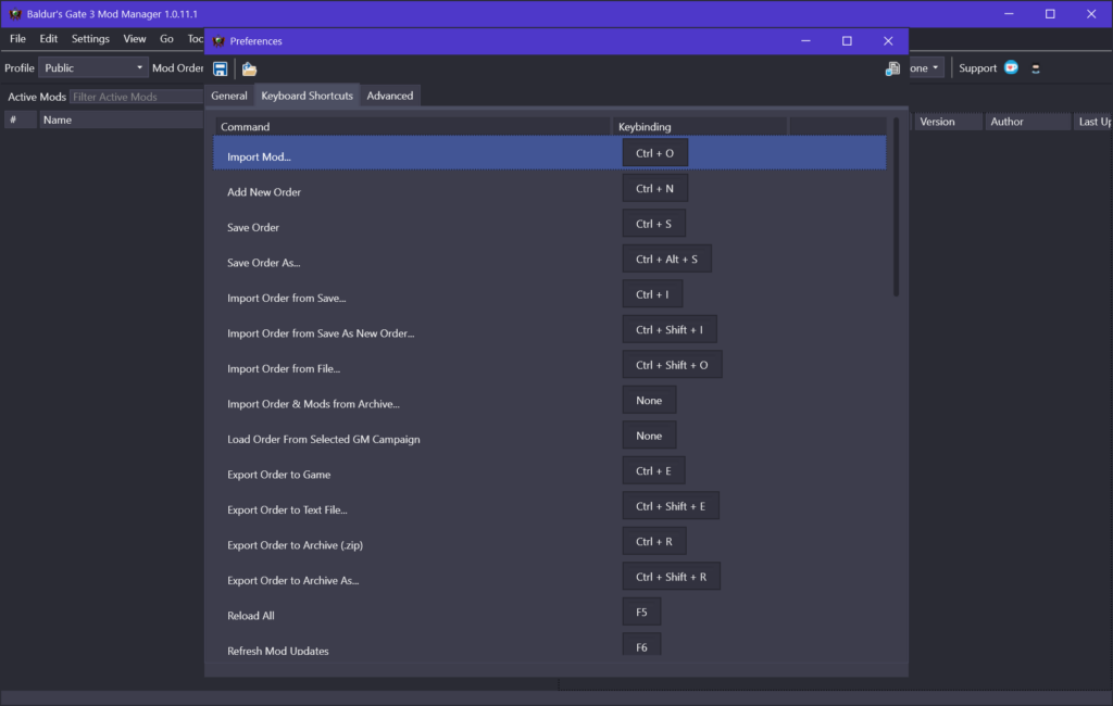 Baldurs Gate 3 Mod Manager Keyboard shortcuts