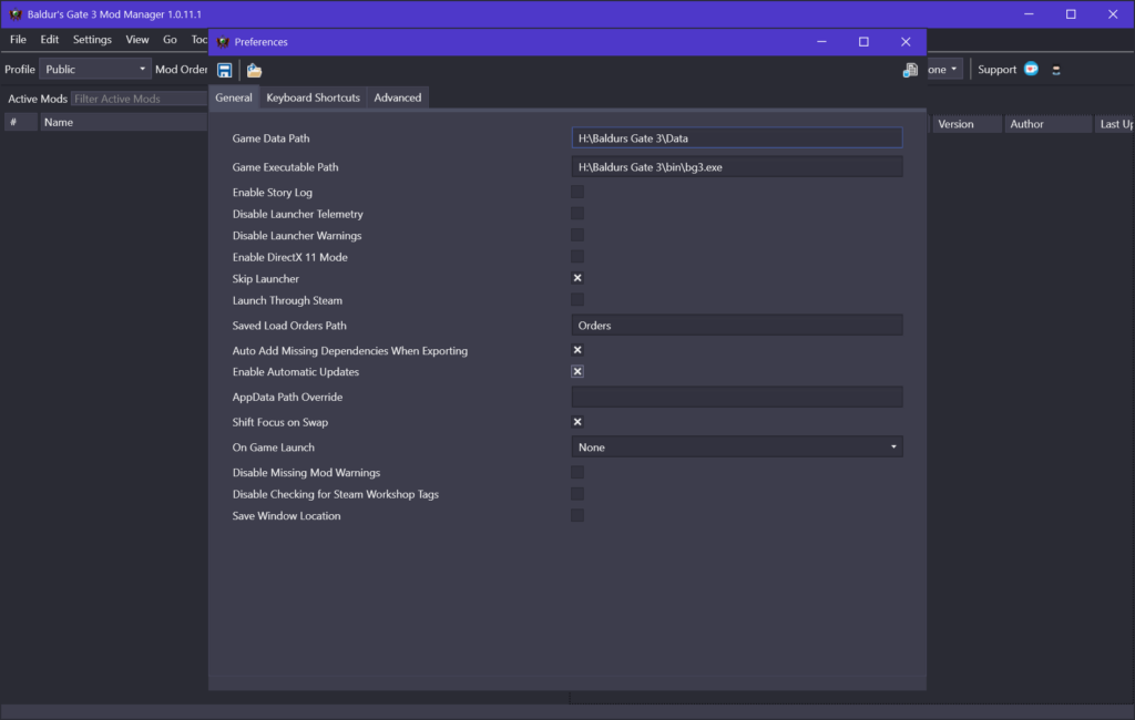 Baldurs Gate 3 Mod Manager Program preferences