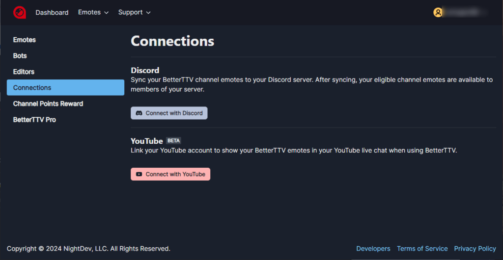 BetterTTV Account connection