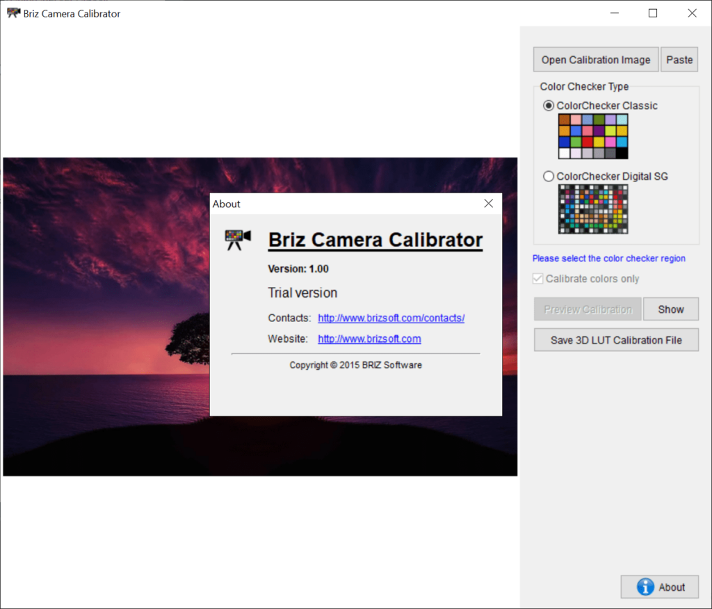 Briz Camera Calibrator About screen