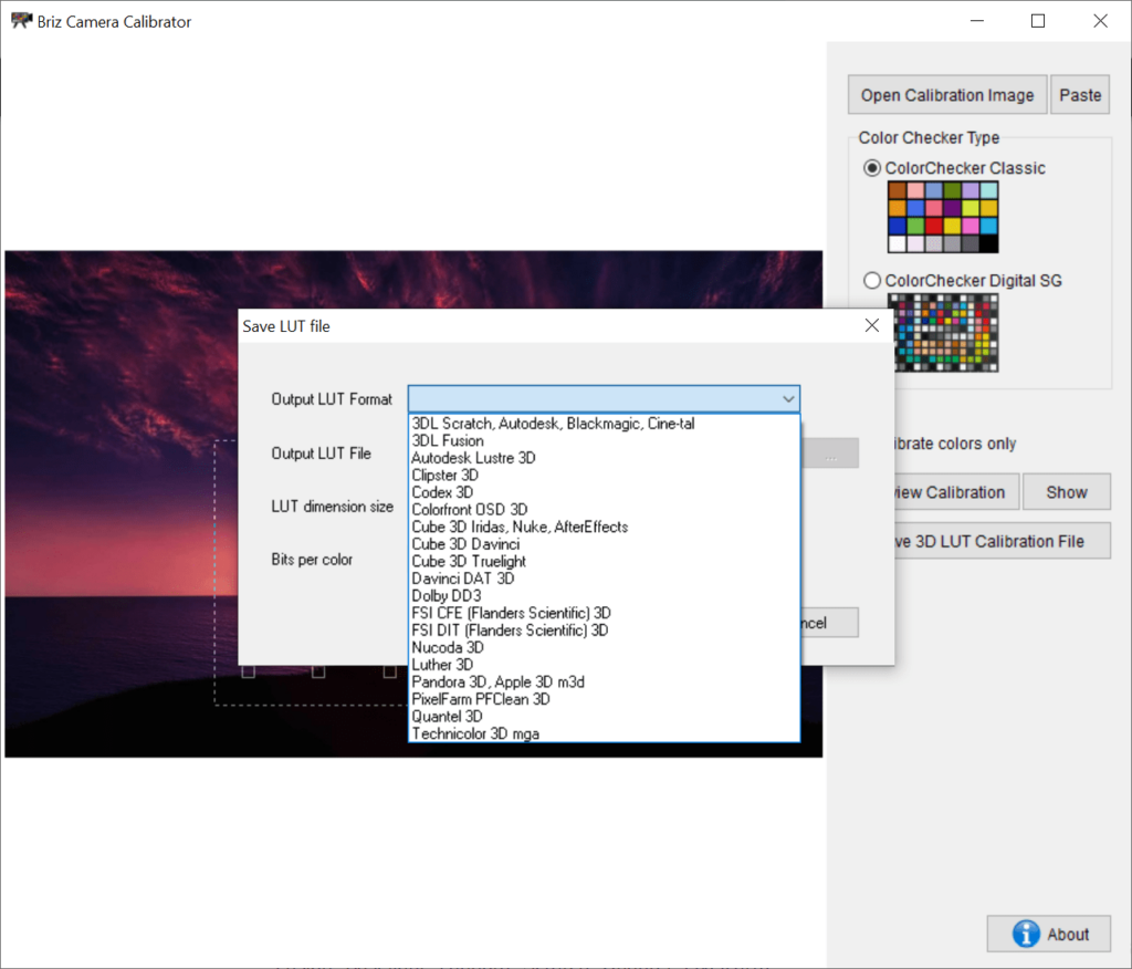 Briz Camera Calibrator Supported output formats