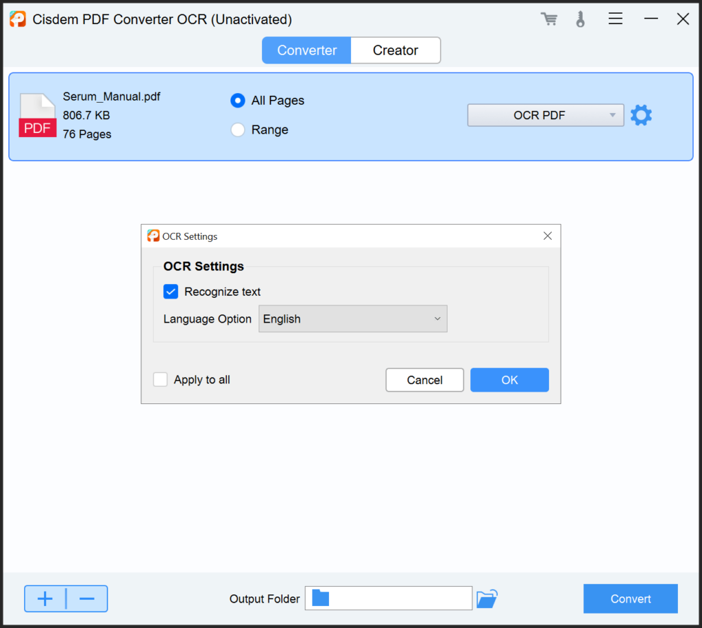 Cisdem PDF Converter OCR Language selection