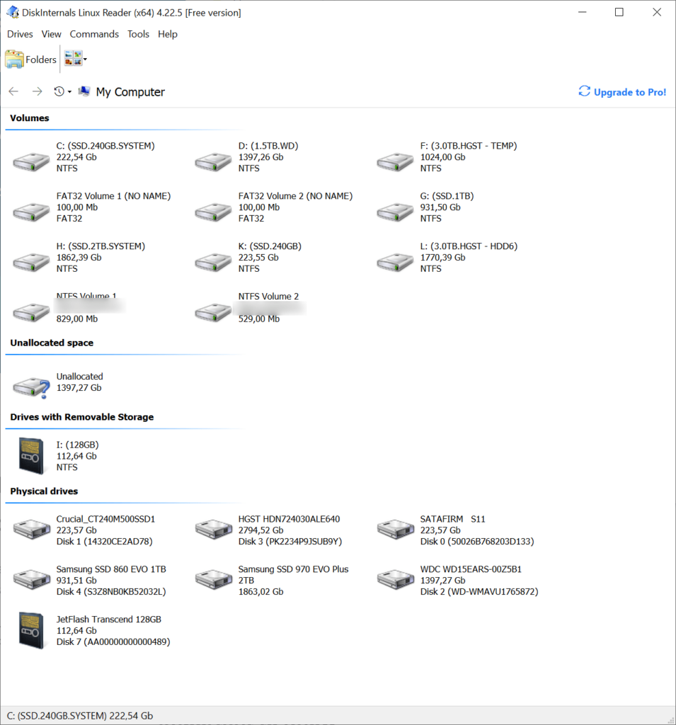 DiskInternals Linux Reader Detected drives