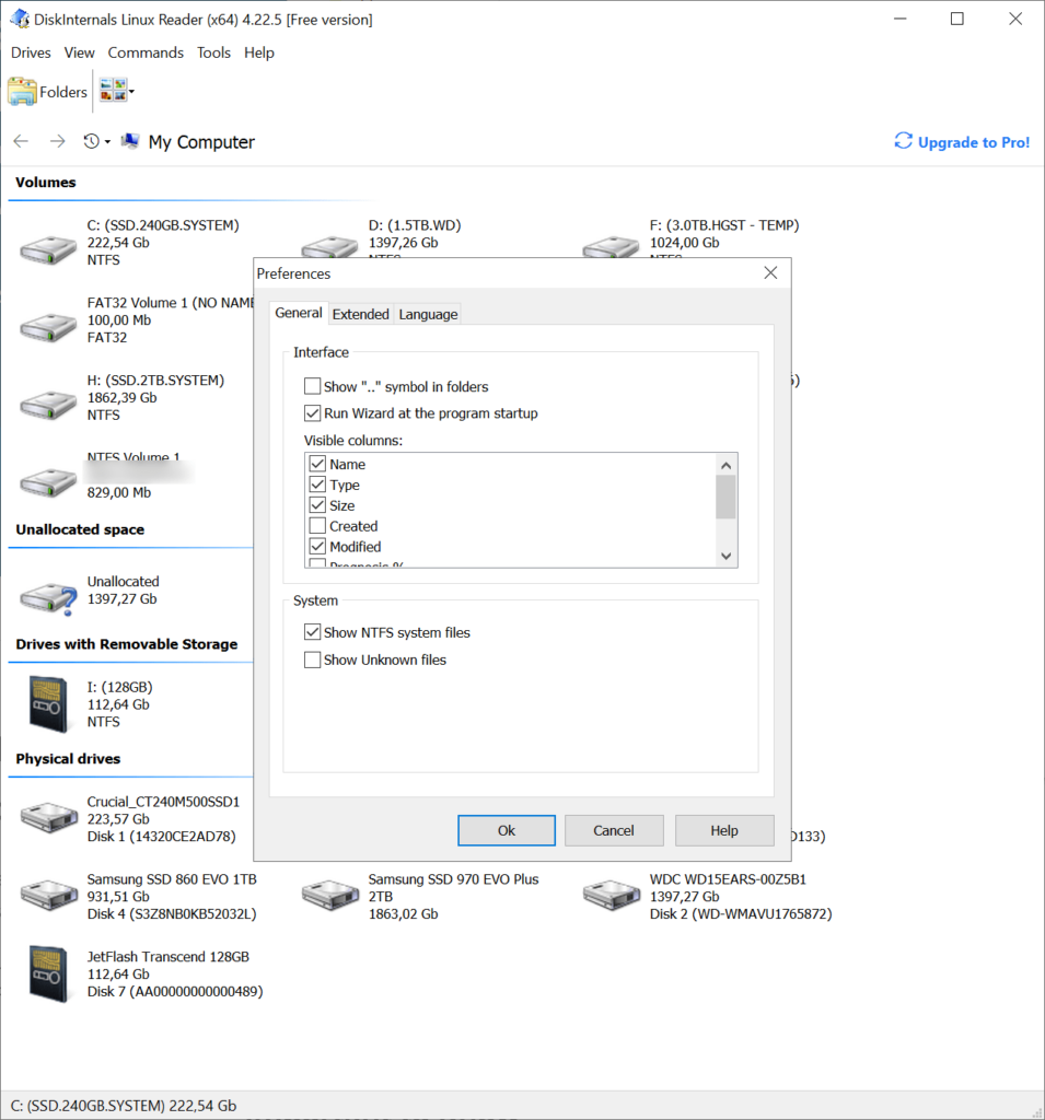 DiskInternals Linux Reader Interface preferences