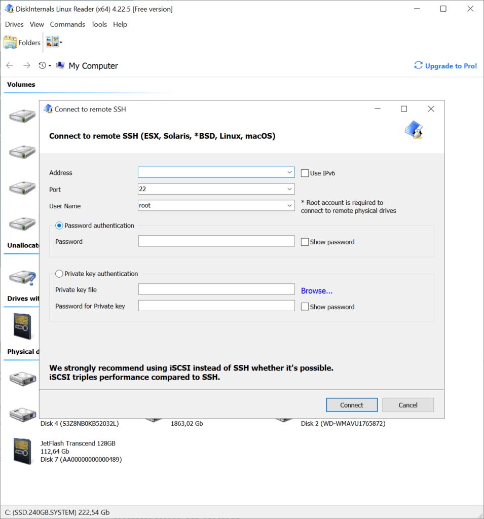 DiskInternals Linux Reader SSH connection