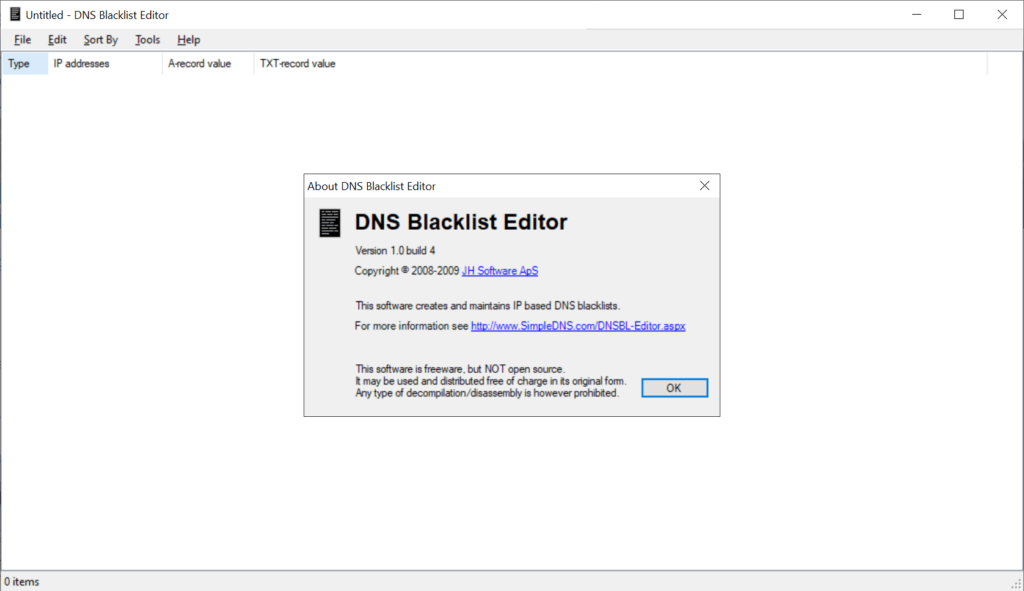 DNS Blacklist Editor About screen