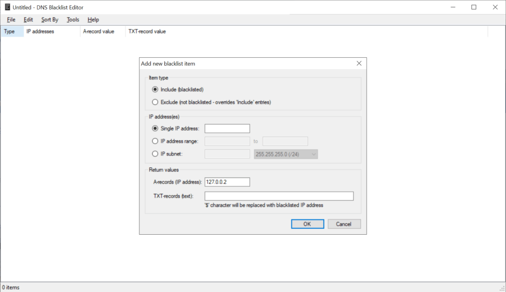 DNS Blacklist Editor Adding new records