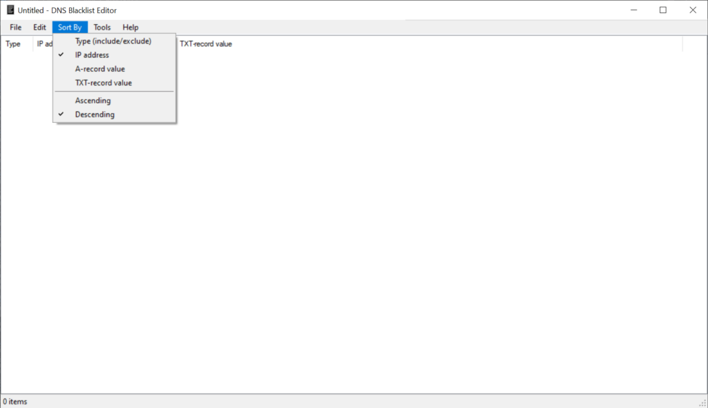 DNS Blacklist Editor Sorting parameters