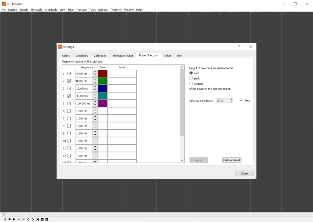 EDFbrowser Power spectrum settings